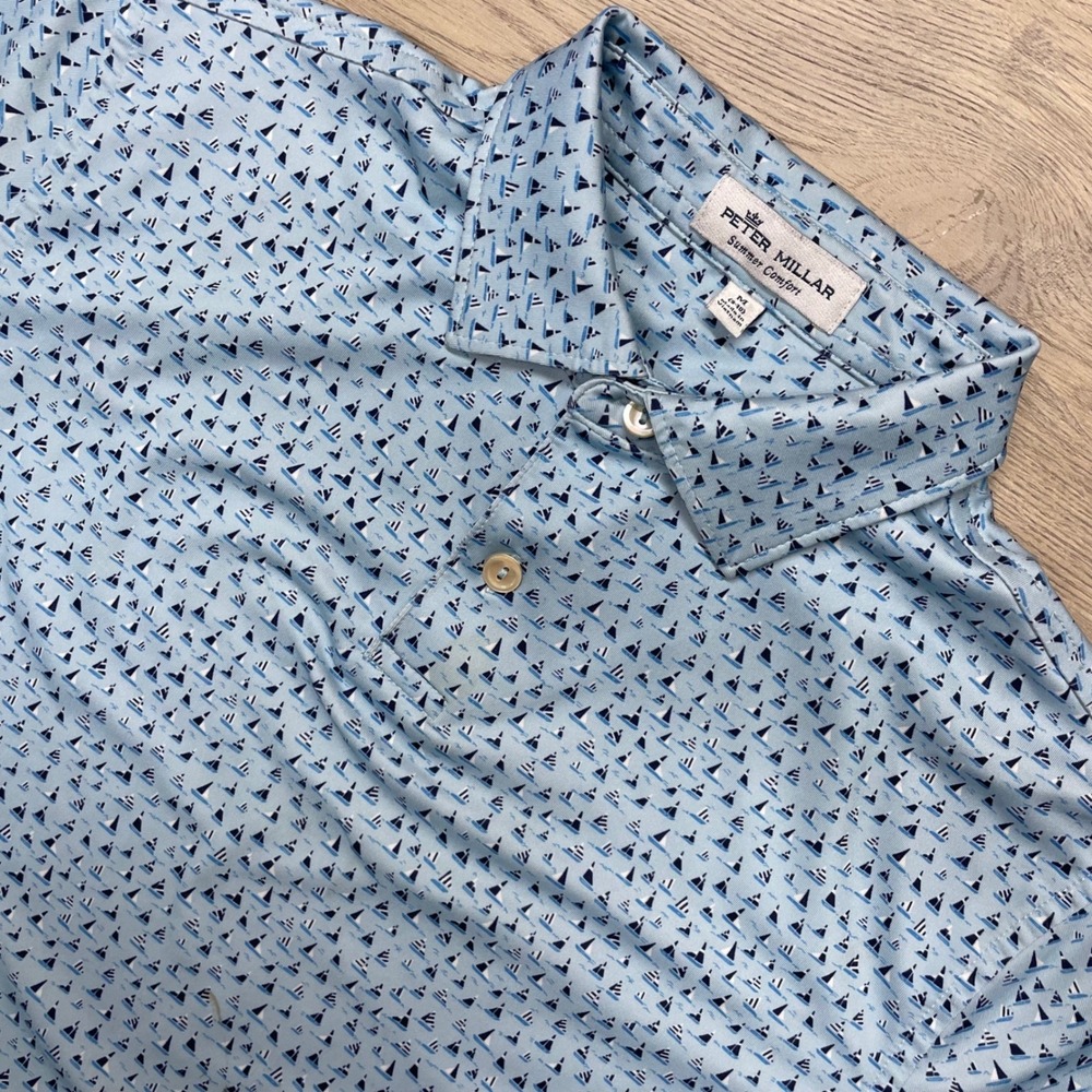 Peter Millar Polo Shirt Boys M Blue Sailboat Print Summer Comfort YS20EK25S FAIR